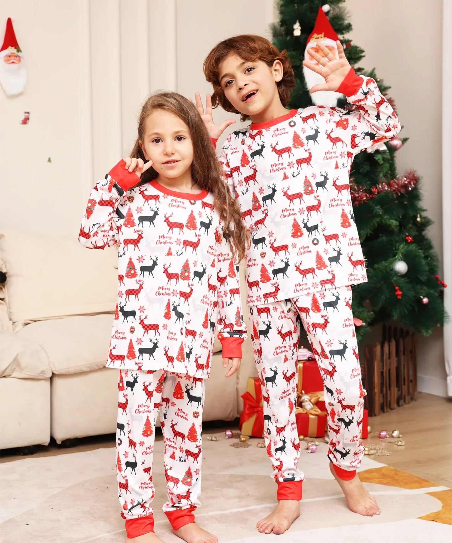 Xmas Gift New 2024 Family Look Allover Print Parent-child Matching Outfits Christmas Pajamas Set 2 Pieces Suit Sleepwear Pyjamas