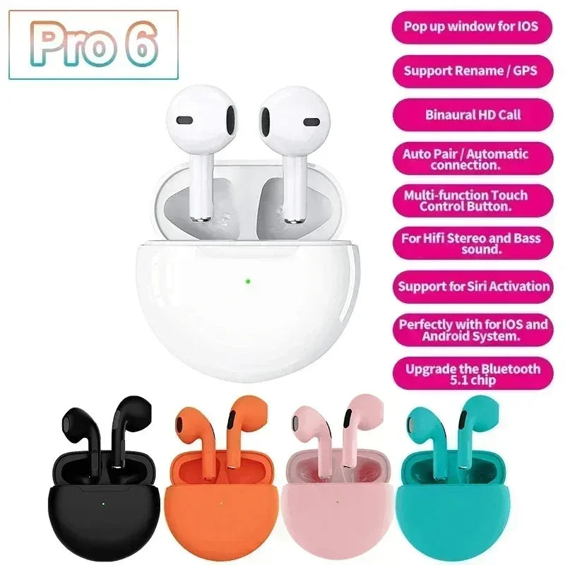 TWS Pro6 Earphone Bluetooth Headphones with Mic 9D Stereo Pro 6 Earbuds for Xiaomi Samsung Android Wireless Bluetooth Headset