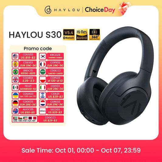 HAYLOU S30 Wireless Bluetooth 5.4 Headphones 43dB Adaptive Noise Cancelling Headsets 40mm Driver 80H Playtime Earphones