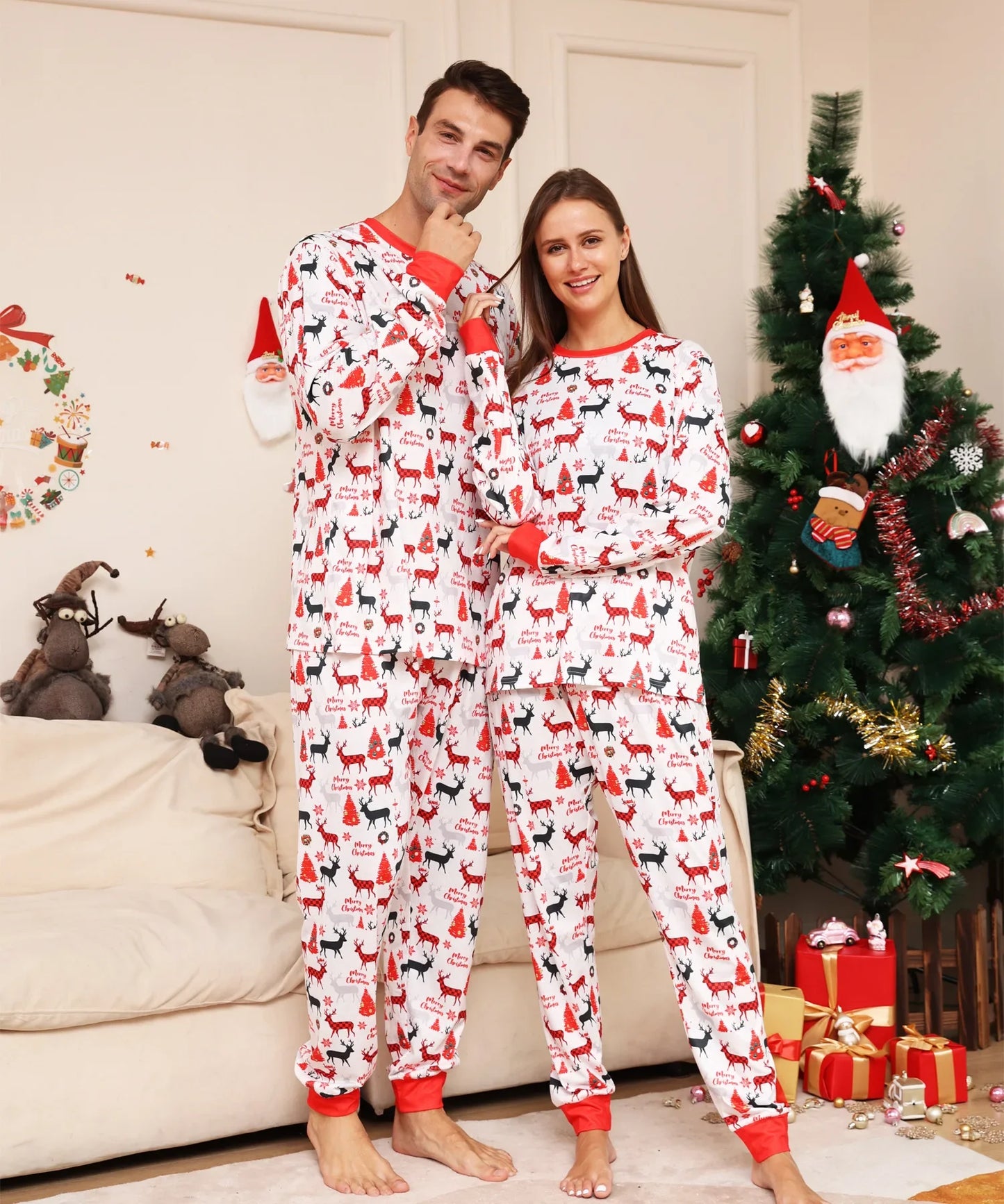 Xmas Gift New 2024 Family Look Allover Print Parent-child Matching Outfits Christmas Pajamas Set 2 Pieces Suit Sleepwear Pyjamas