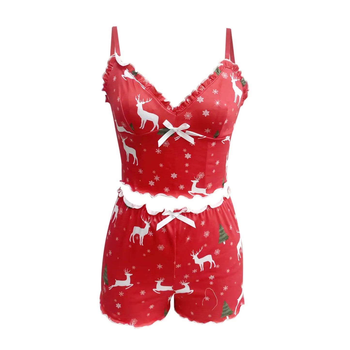 Christmas Ladies Sexy 2 Piece Pajama Set Deep V Neck Pyjamas Shorts Set Lace Pijama Suit Cotton Sleepwear For Women Nighties